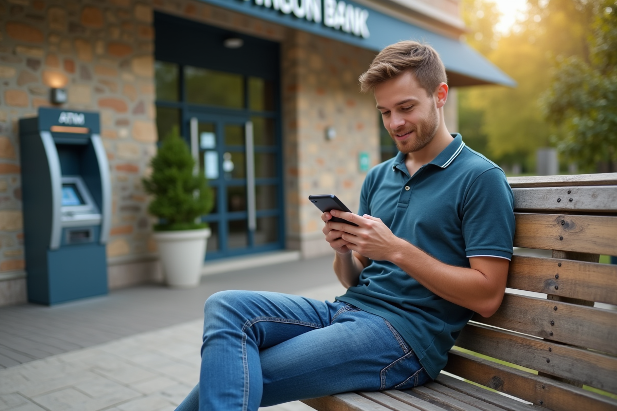 Jeune homme utilisant son smartphone devant une banque locale