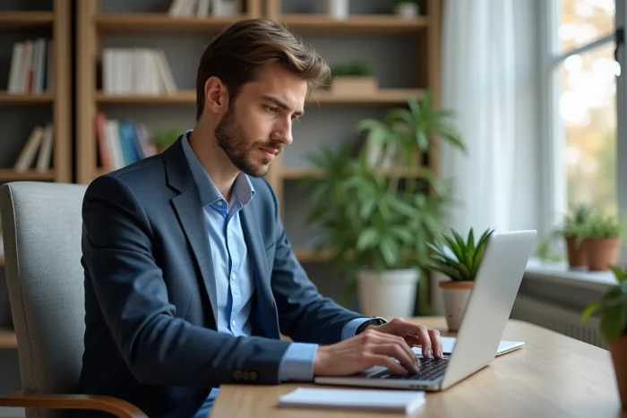 Jeune homme en bureau moderne travaillant sur son ordinateur