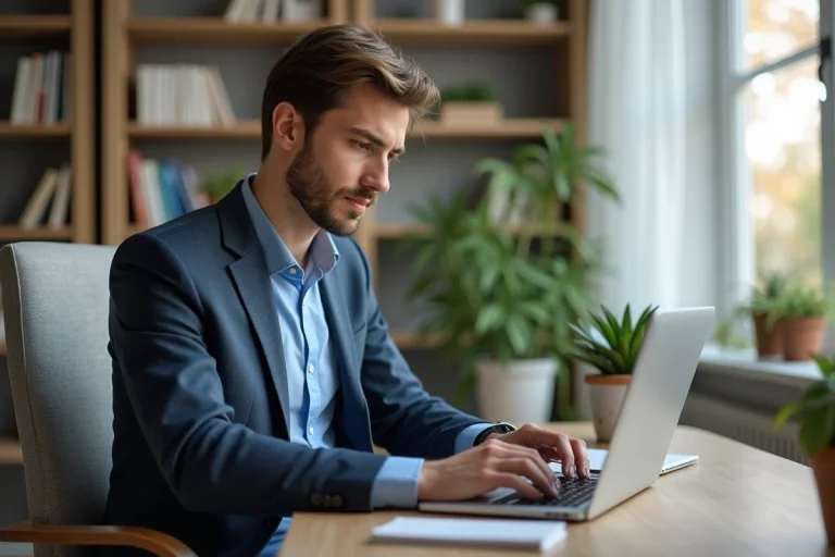Jeune homme en bureau moderne travaillant sur son ordinateur