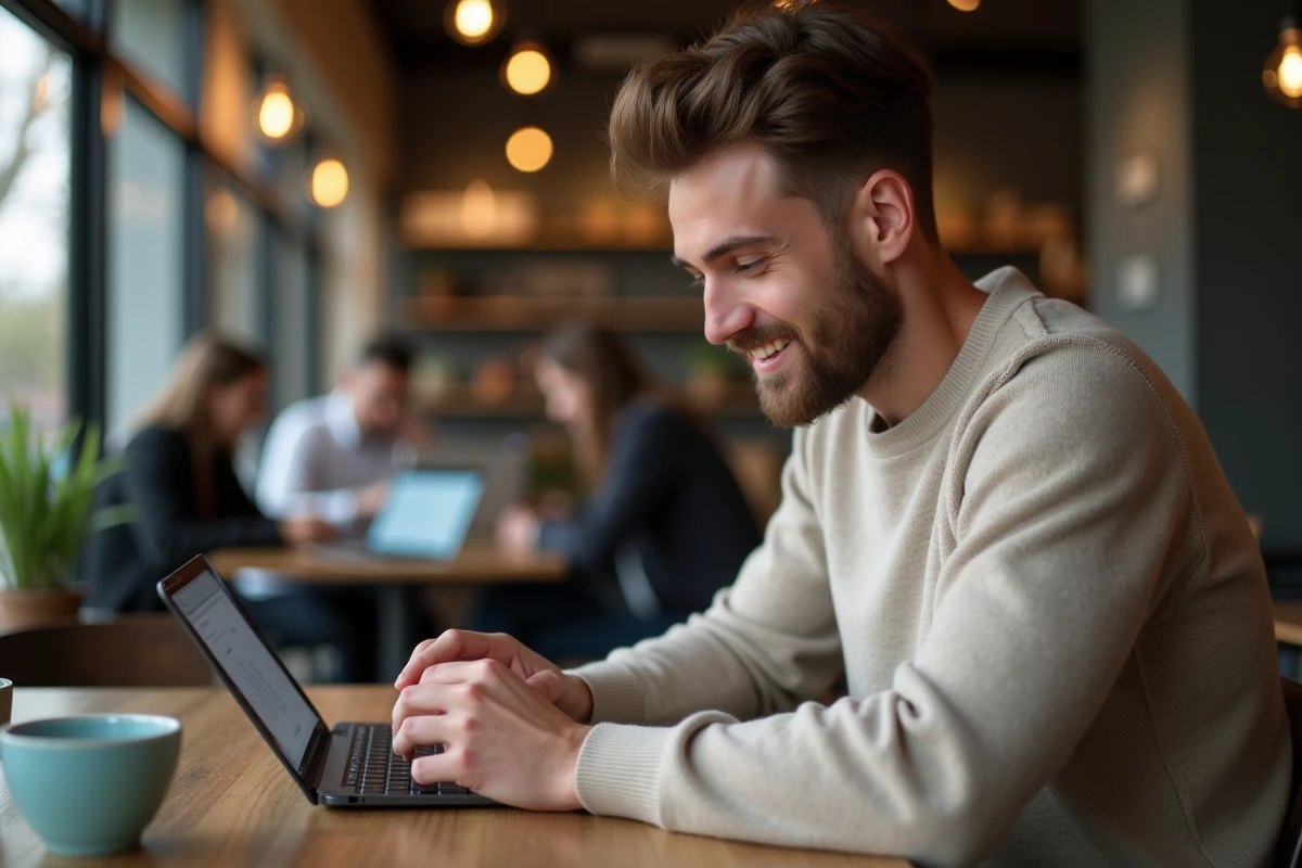Jeune homme utilisant une tablette dans un café coworking