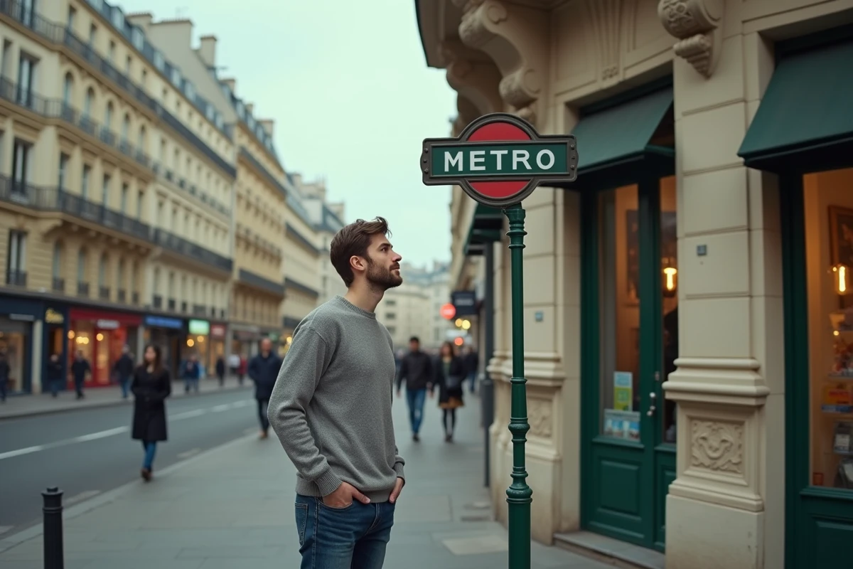 Jeune homme regardant un panneau de métro parisien