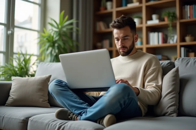 Jeune homme en détente regardant un ordinateur portable
