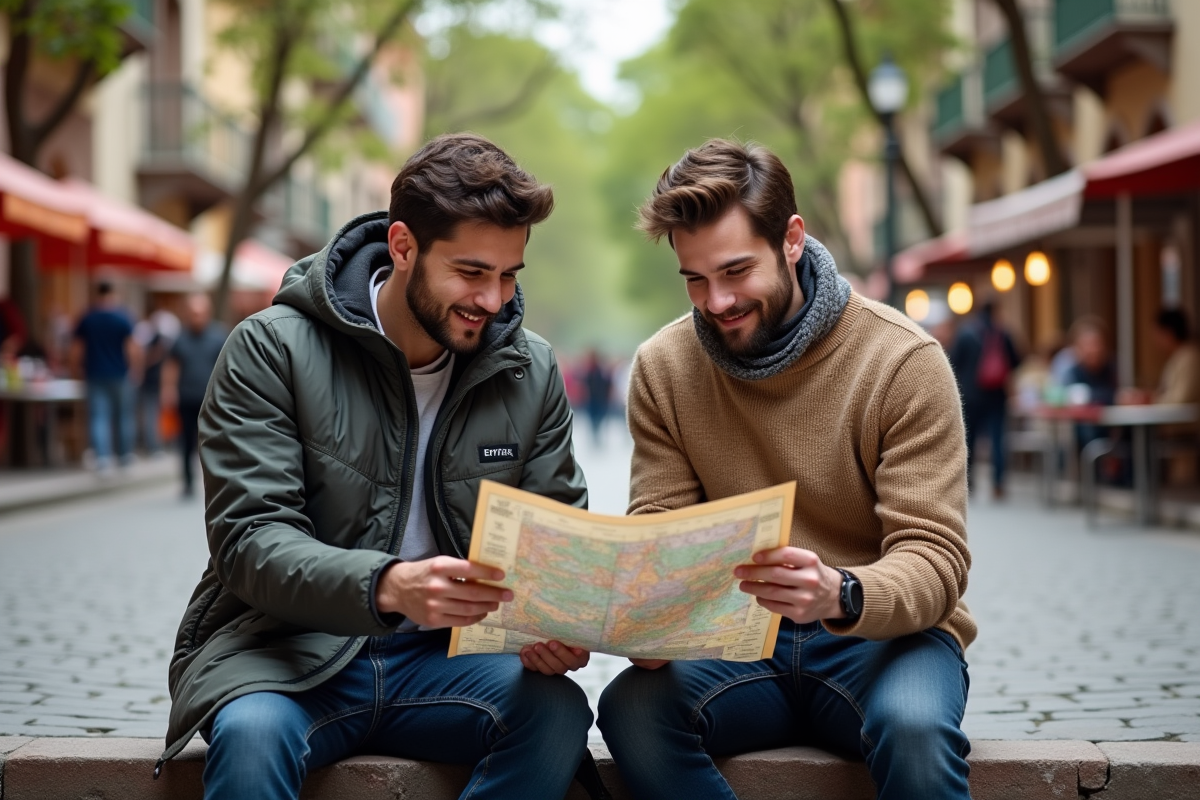 Deux jeunes hommes consultent une carte dans une place