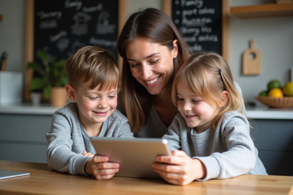 Maman souriante avec ses enfants regardant une tablette à la maison