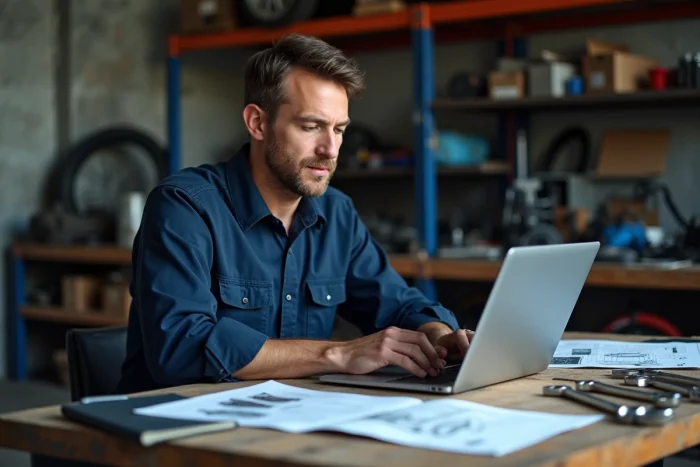 Mécanicien consultant une revue technique automobile en PDF sur un ordinateur portable dans un atelier