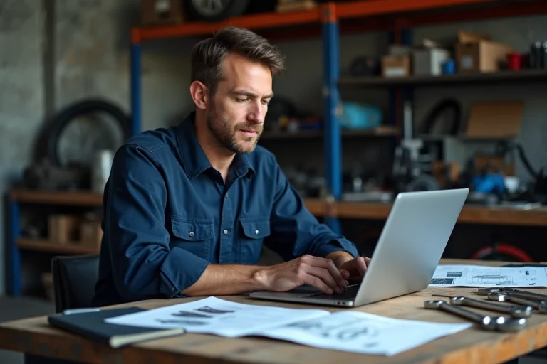 Mécanicien consultant une revue technique automobile en PDF sur un ordinateur portable dans un atelier