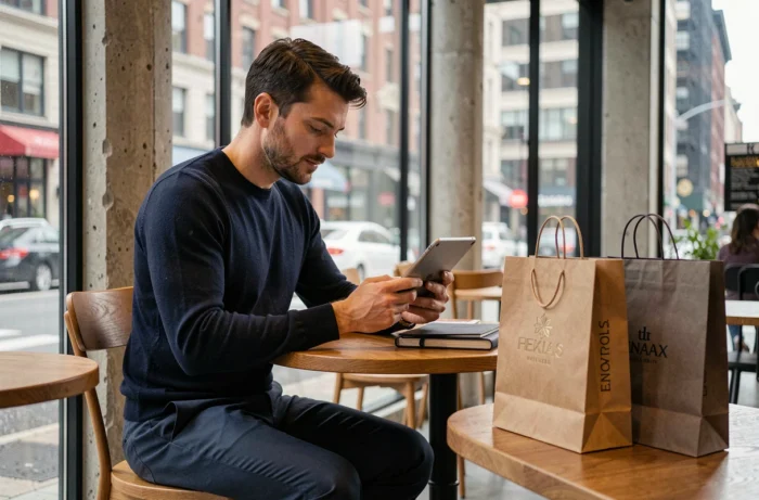 Homme tendance assis en terrasse de café avec des sacs shopping de marques premium et une tablette numérique