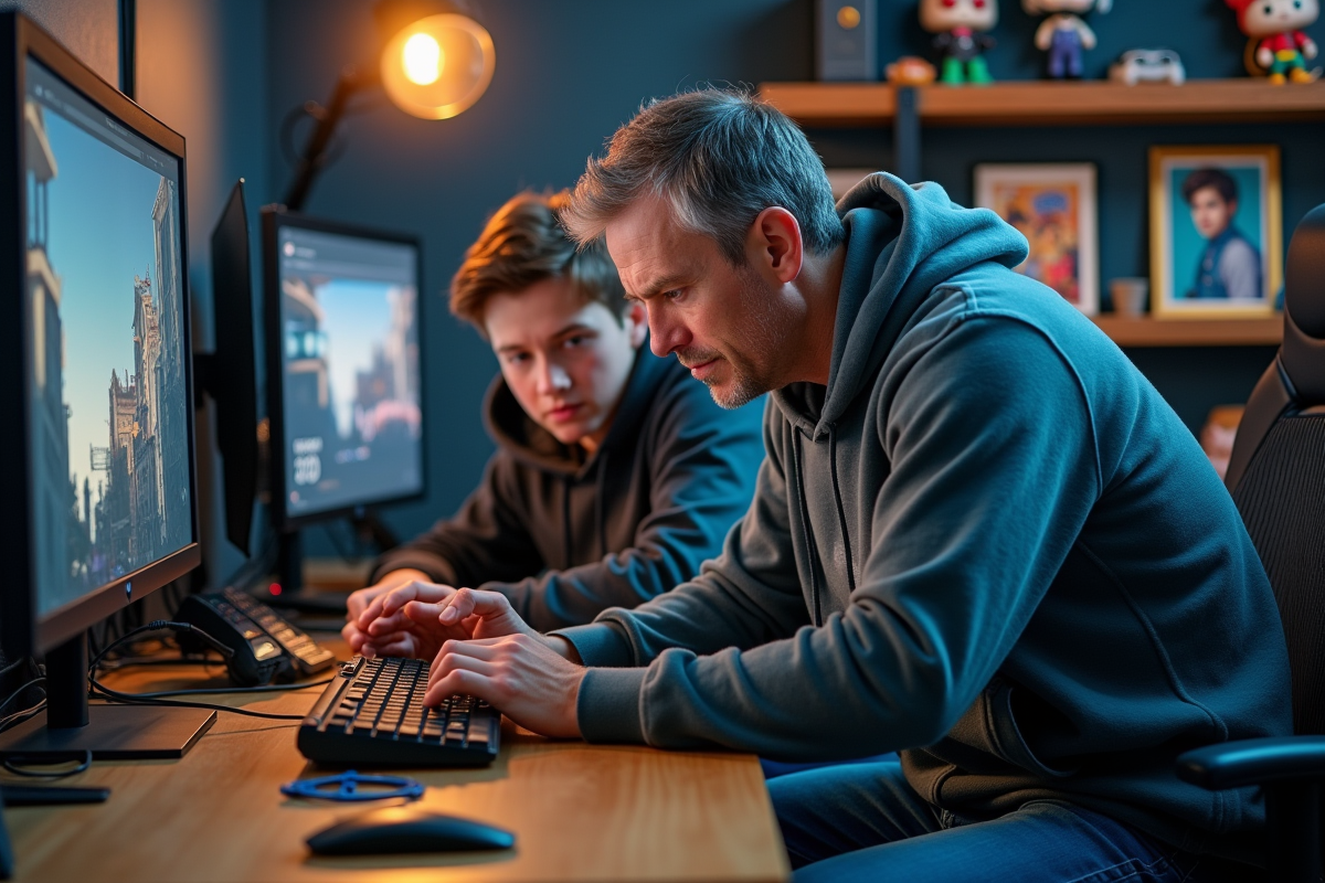 Père et fils assemblant un PC gaming dans un espace moderne