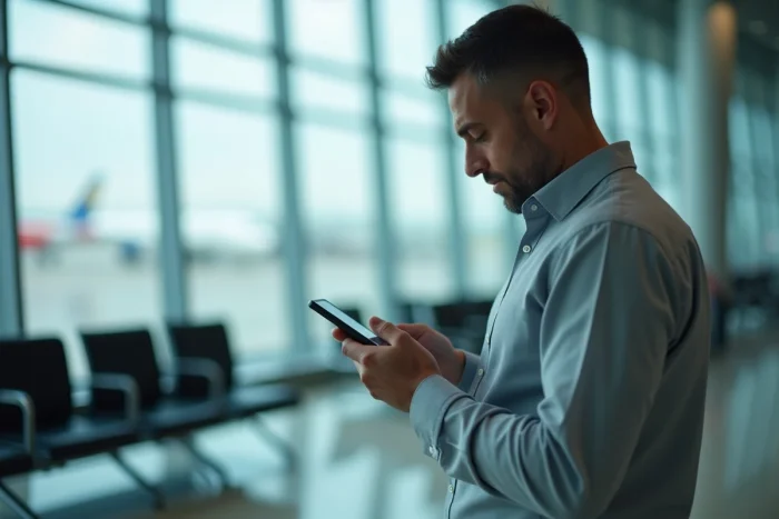 Passager consultant le numéro de téléphone du service client Flying Blue dans un aéroport