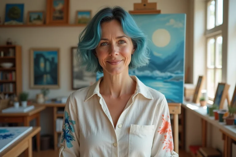 Portrait d'une femme artiste dans son atelier lumineux