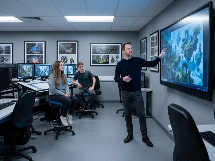 Professeur d'illustration présentant des concept arts de jeux vidéo à des étudiants dans un laboratoire numérique