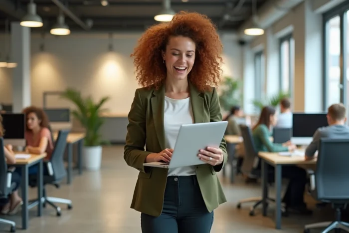 Professionnelle active participant à une visioconférence dans un espace de coworking moderne pendant une reconversion