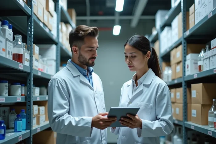 Deux professionnels en blouse blanche consultant une tablette devant un rayonnage de fournitures et de matériel de laboratoire organisé