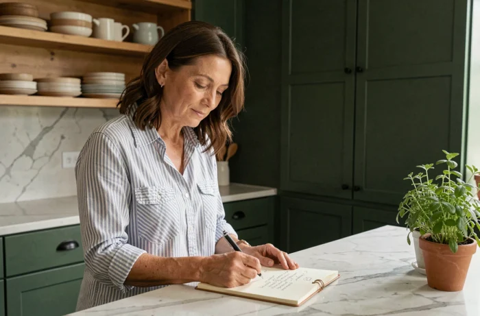 Femme rédigeant des questions et suggestions pour un blog déco sur un bloc-notes dans une cuisine moderne
