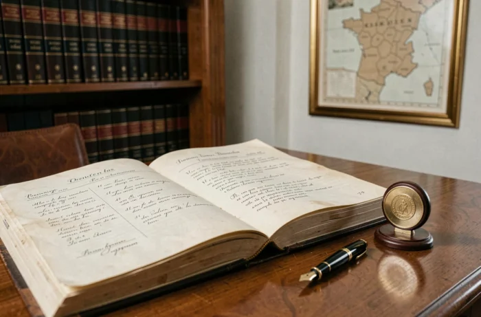 Registre de mariage officiel ouvert sur un bureau de notaire avec cachet administratif