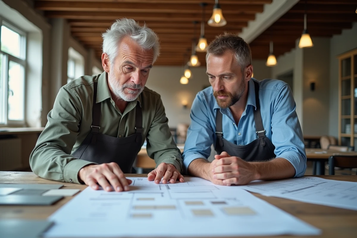 Homme vérifiant plans de rénovation avec entrepreneur