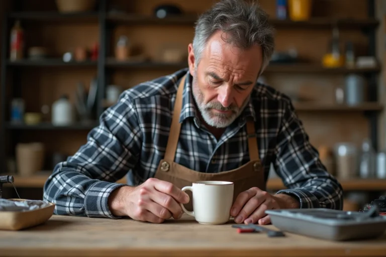 Homme réparant un mug en céramique dans un atelier maison