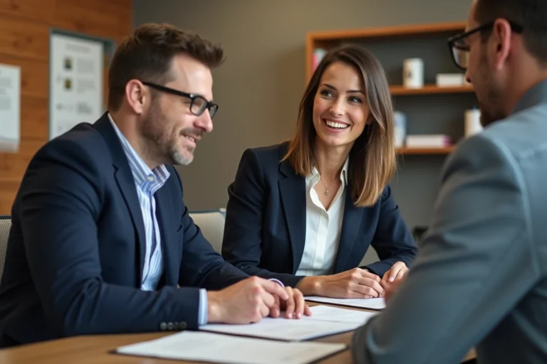 Femme souriante en entretien avec coach en centre emploi