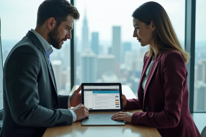 Deux professionnels en réunion consultant une plateforme d'échanges B2B sur tablette dans une salle de réunion vitrée