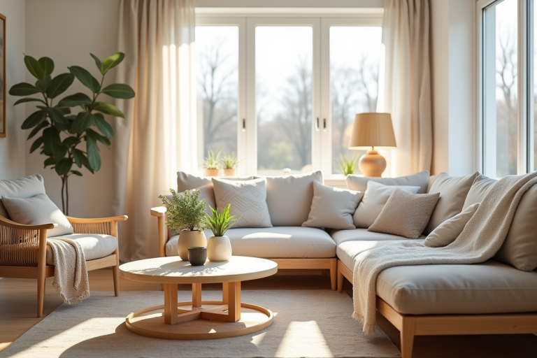 Salon scandinave lumineux avec mobilier minimaliste et plantes