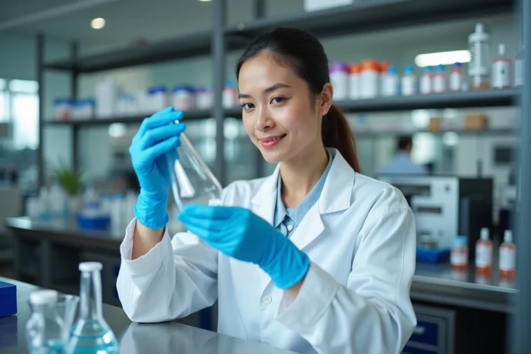 Scientifique féminine en blouse blanche examinant un bécher dans un laboratoire de recherche moderne équipé de matériel professionnel