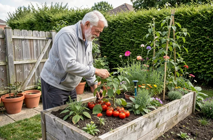 Un homme âgé qui jardine dans son potager, activité physique et thérapeutique pour les seniors au quotidien