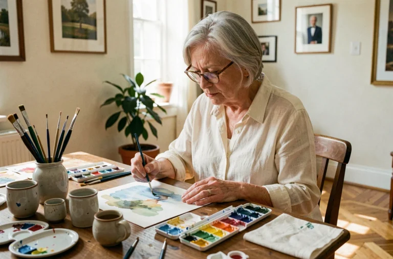 Une senior aux cheveux argentés peignant une aquarelle dans son salon, activité créative pour le bien-être des personnes âgées