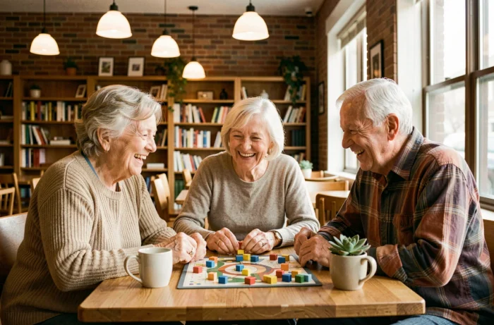 Groupe de seniors jouant à un jeu de société ensemble dans un espace communautaire, activité sociale favorisant le lien et le bien-être