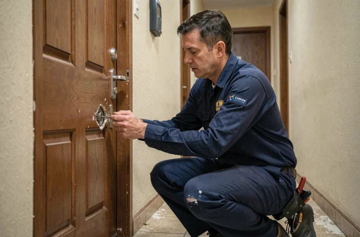 Serrurier professionnel en uniforme examinant une serrure endommagée sur une porte d'entrée en bois dans un couloir d'immeuble résidentiel