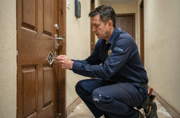Serrurier professionnel en uniforme examinant une serrure endommagée sur une porte d'entrée en bois dans un couloir d'immeuble résidentiel