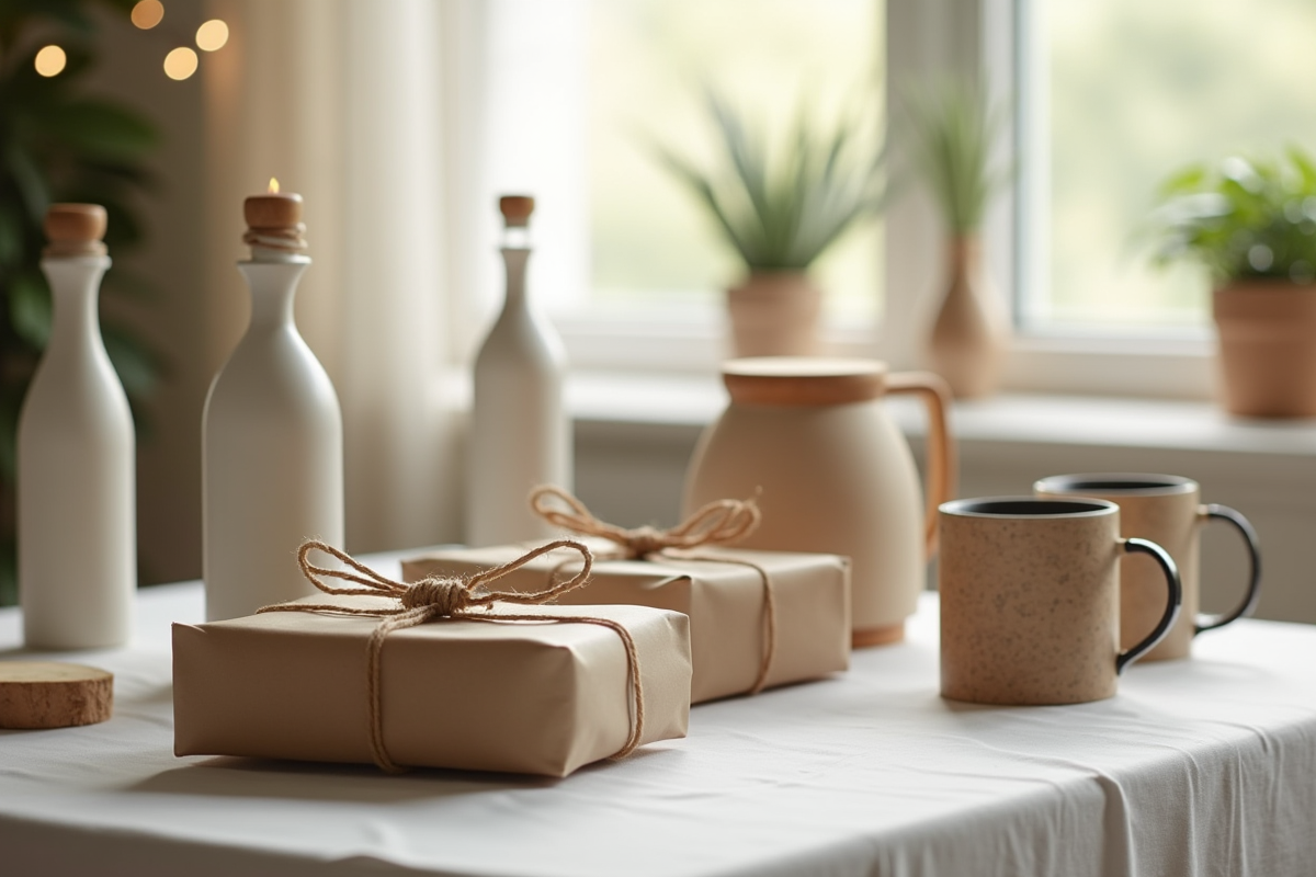 Table de cadeaux décoratifs scandinaves avec objets en kraft