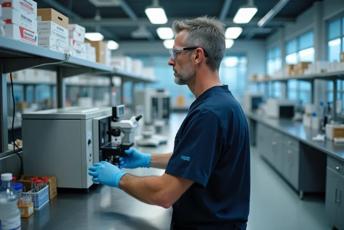 Technicien de laboratoire masculin utilisant une centrifugeuse professionnelle dans un environnement équipé d'instruments scientifiques avancés