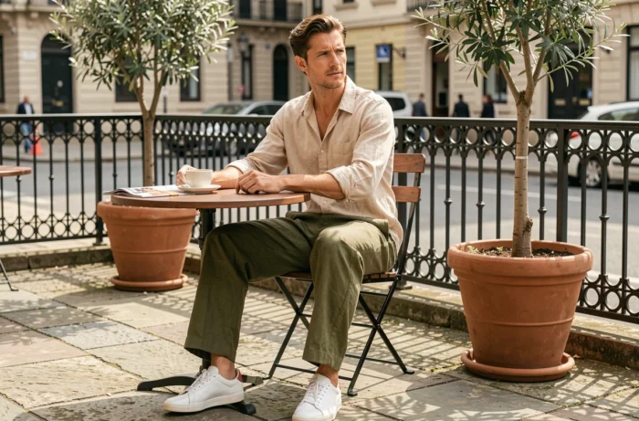 Homme tendance en lin olive installé en terrasse de café urbain incarnant un style lifestyle décontracté et moderne