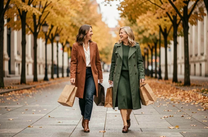 Deux femmes élégantes aux styles complémentaires marchant ensemble sur un boulevard automnal, incarnant les tendances mode de la saison