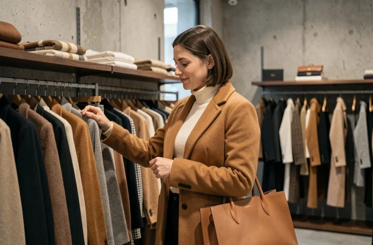 Femme élégante en manteau camel parcourant les nouvelles tendances mode dans une boutique concept minimaliste parisienne