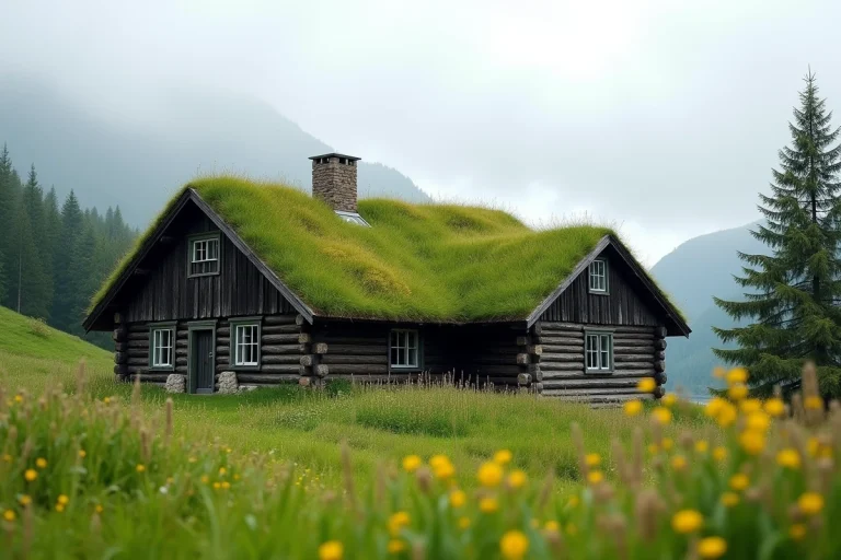 Ferme norvégienne traditionnelle avec toit en herbe recouvert de fleurs sauvages, intégrée dans un paysage de vallée verte avec des épicéas et des collines de fjord en arrière-plan