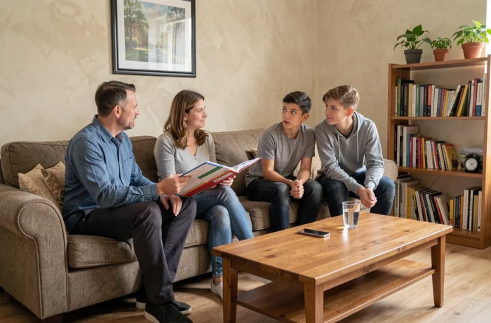 Travailleur social présentant des ressources et conseils à une famille dans un salon familial