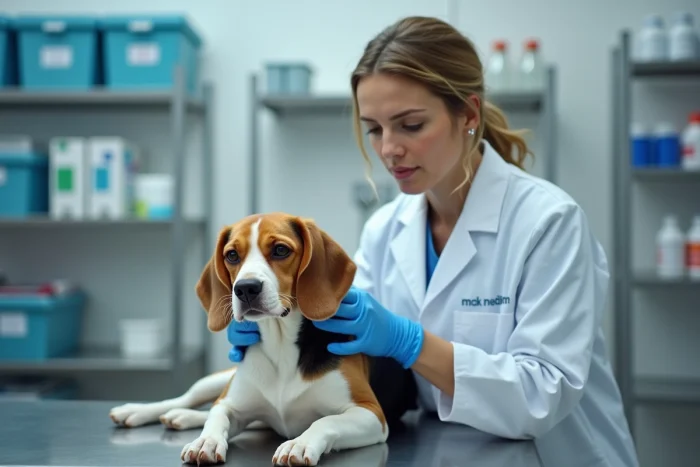 Vétérinaire examinant un beagle calme sur une table d'examen dans une clinique vétérinaire