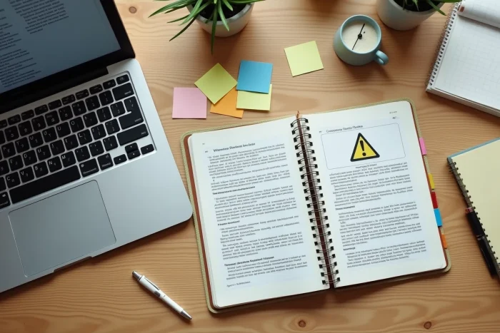 Vue en plongée d'un bureau avec un ordinateur affichant un symbole d'attention dans Word et des astuces de raccourcis clavier